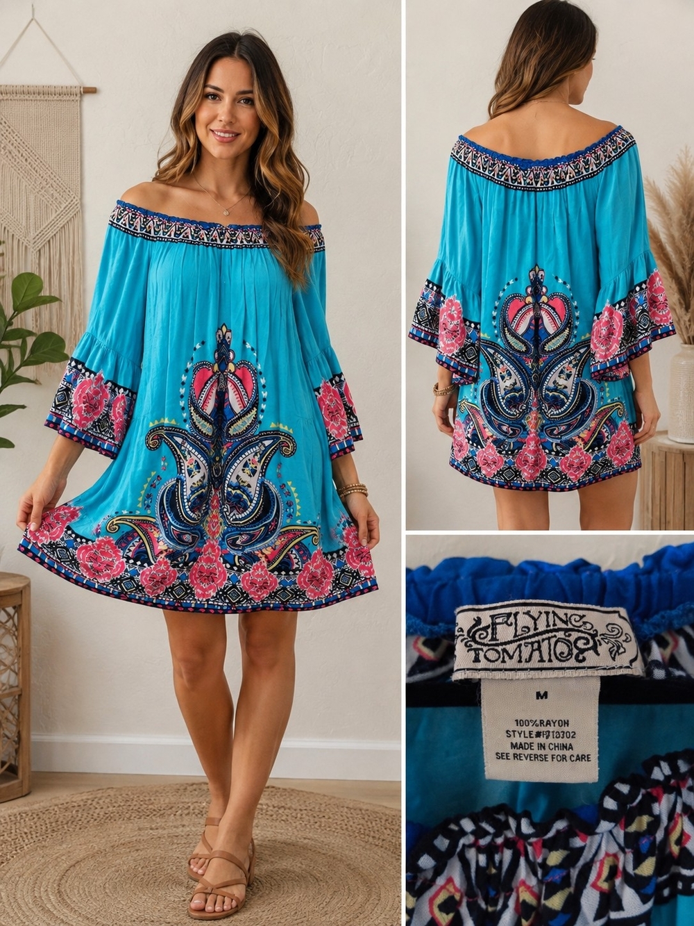 Flying Tomato Turquoise Off-Shoulder Boho Paisley & Floral Tunic Dress